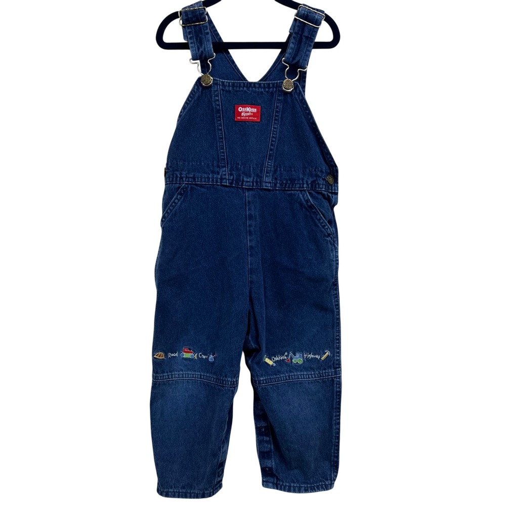 VTG 90s OshKosh B'gosh Kids 4T Denim Overalls Embroidered Cars Road Crew Highway